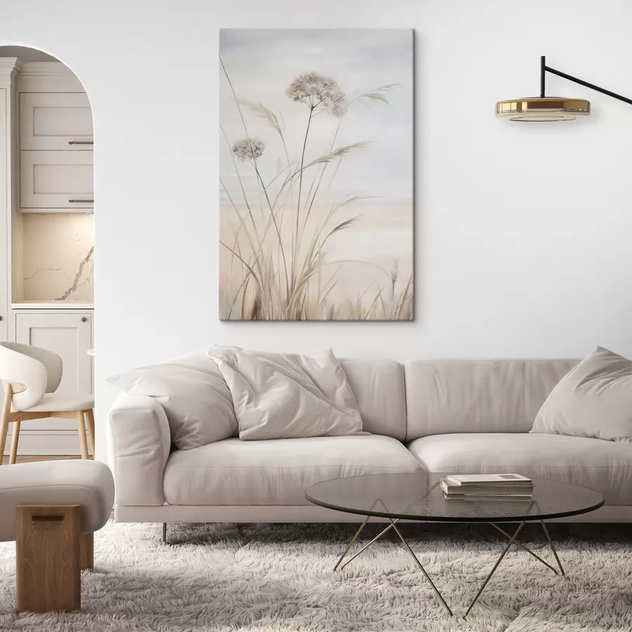 murales Hierba alta y seca y flores en tonos beige y blanco apagados, con un fondo suave y difuminado s50973