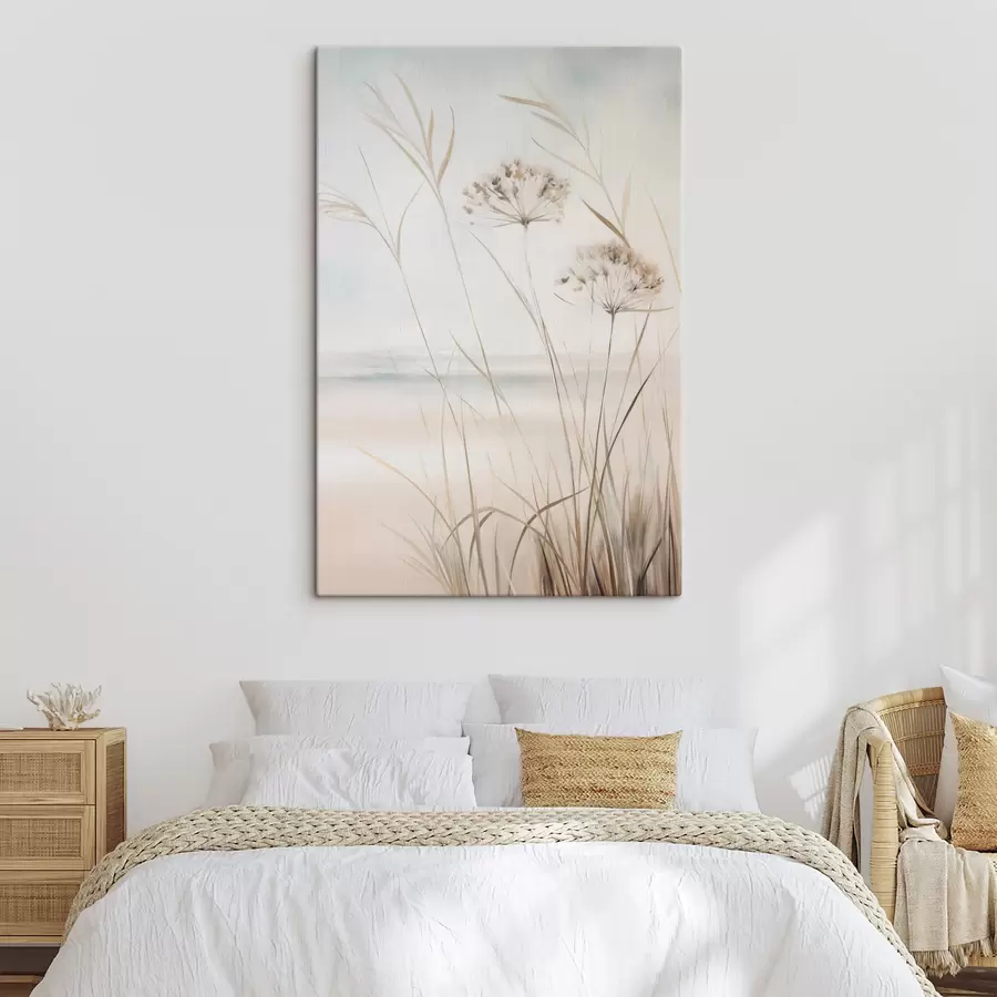 murales Hierba alta y seca y flores en tonos beige y blanco apagados, con un fondo suave y difuminado s50974
