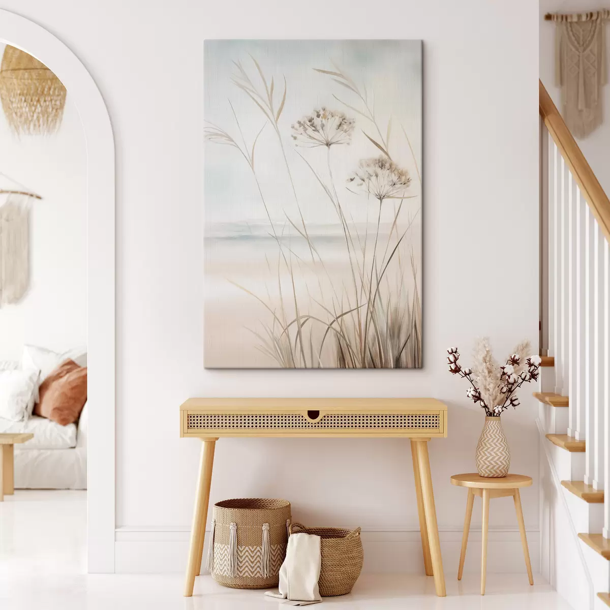wall murals Tall, dry grass and flowers in muted beige and white tones, soft, blurred background s50974