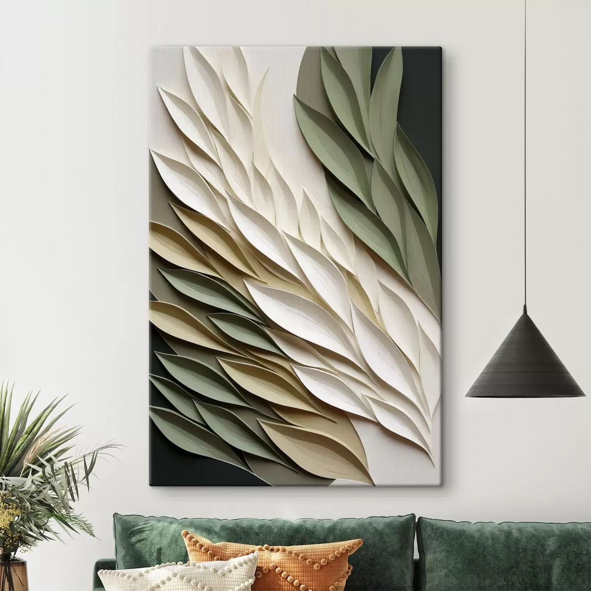 wall murals Adstract leaves against green background, with layered textures and shadows s50976