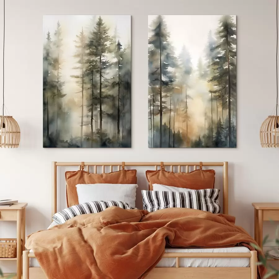 murales Altos pinos en un bosque envuelto en niebla, bañado por la luz del sol m31040
