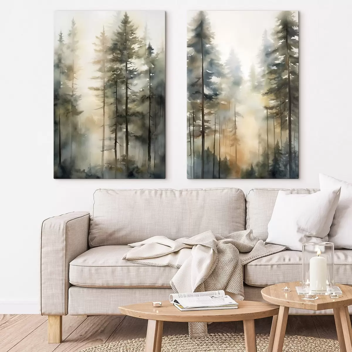 wall murals Tall pine trees in a misty forest with sunny light m31040