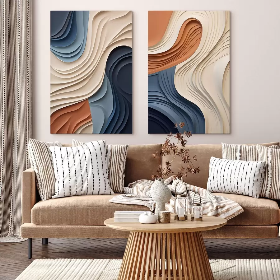 murales Capas abstractas y onduladas en tonos crema, azul y naranja; arte moderno con textura m31041