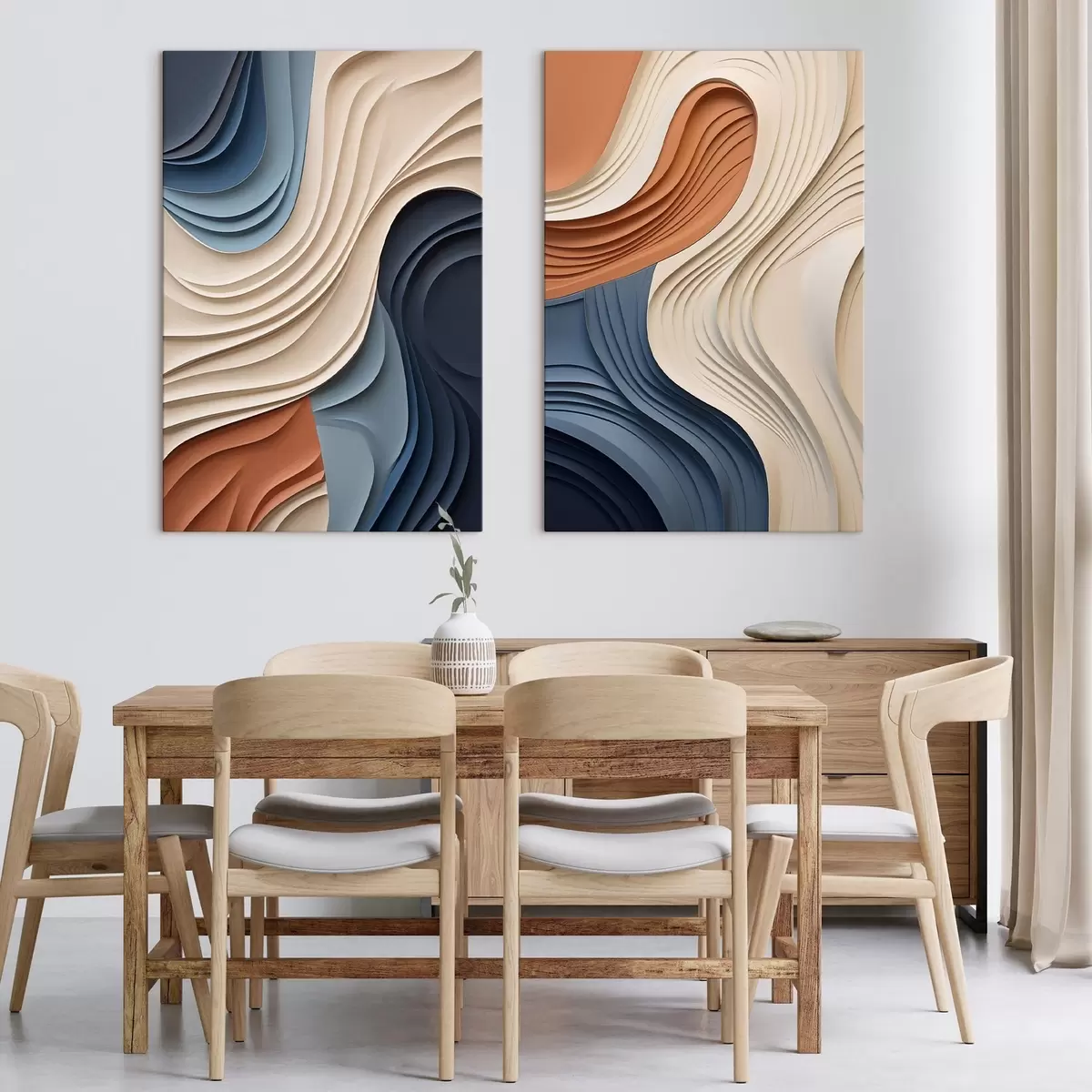 wall murals Abstract wavy layers of cream, blue and orange colors, textured modern art m31041