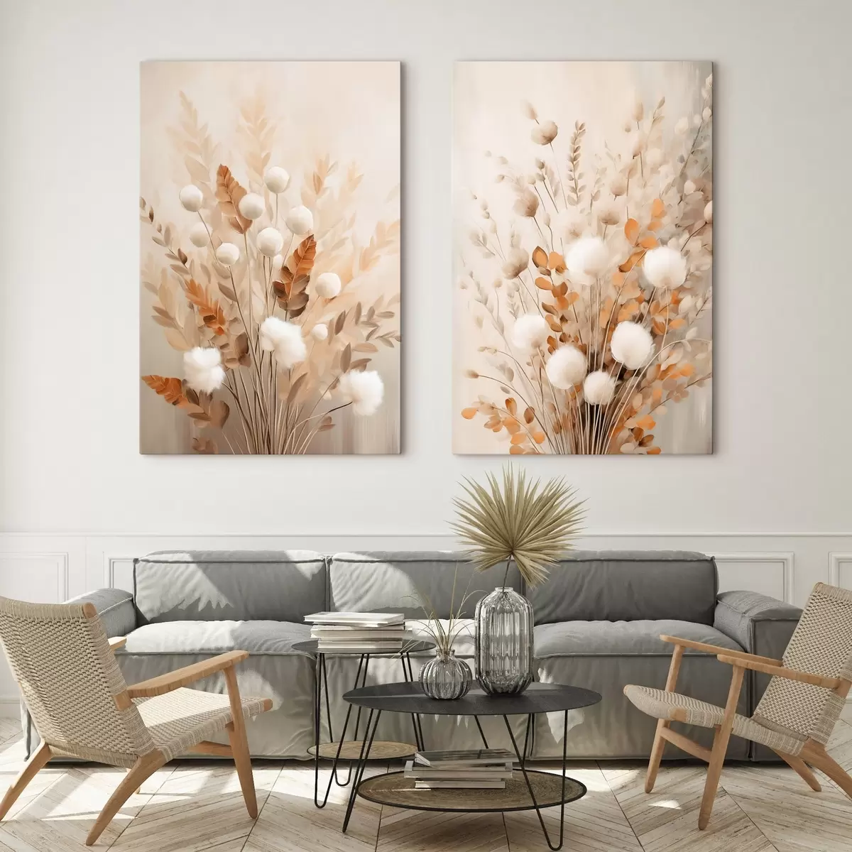 wall murals A bouquet of white fluffy flowers and dried orange leaves with soft, muted colors m31042