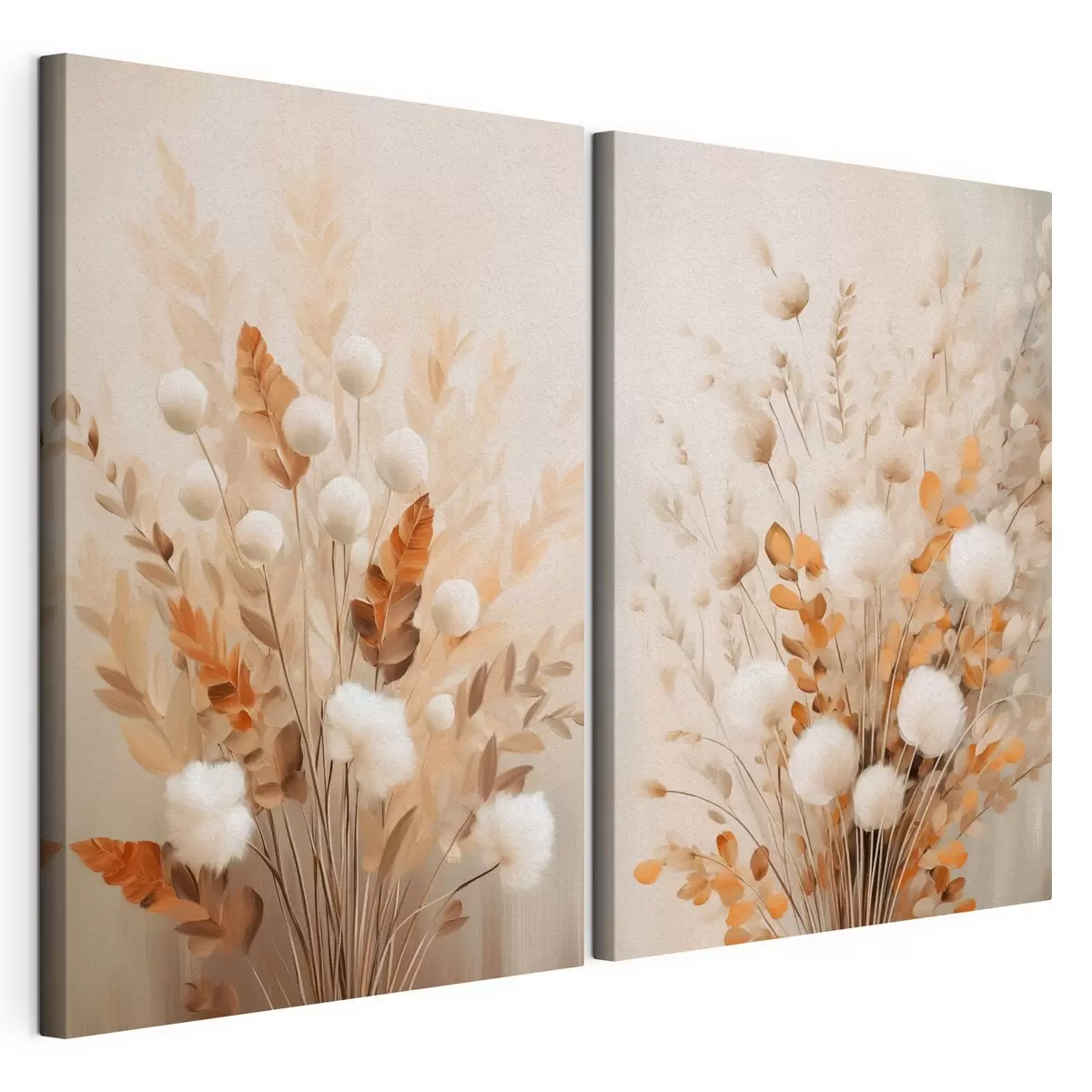 wall murals A bouquet of white fluffy flowers and dried orange leaves with soft, muted colors m31042