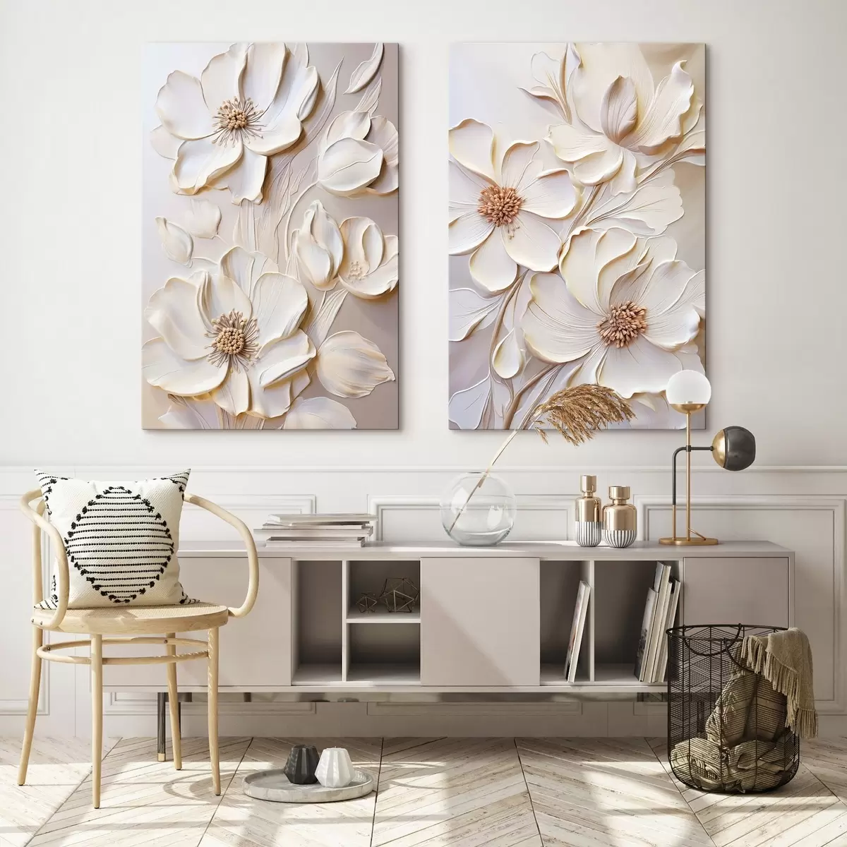 wall murals Cream-colored flowers with textured petals, soft, light background m31045