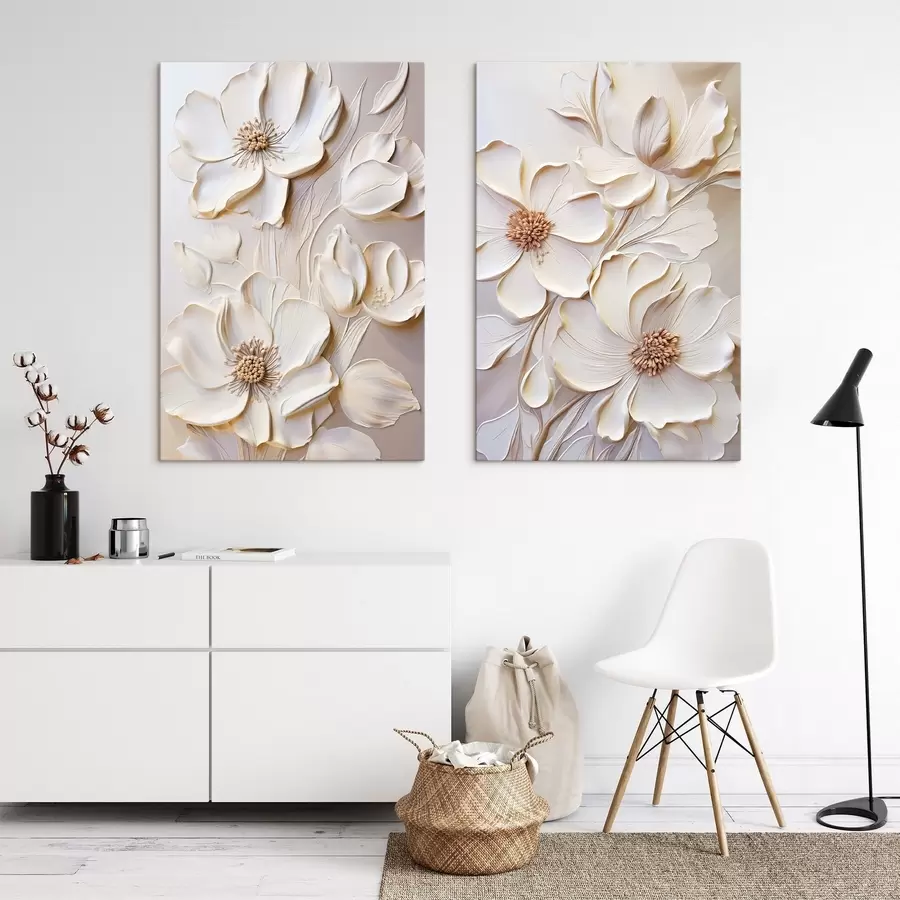 murales Flores de color crema con pétalos texturizados, sobre un fondo suave y claro m31045