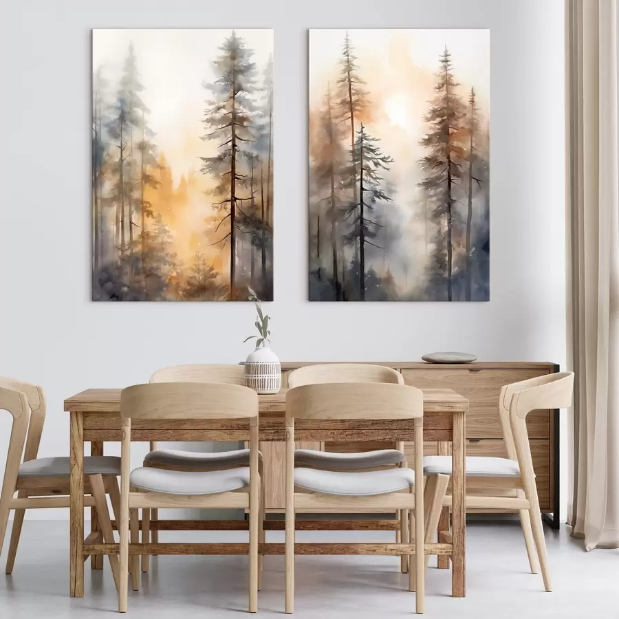 murales Pinos altos, paisaje forestal bañado por una cálida luz anaranjada m31046