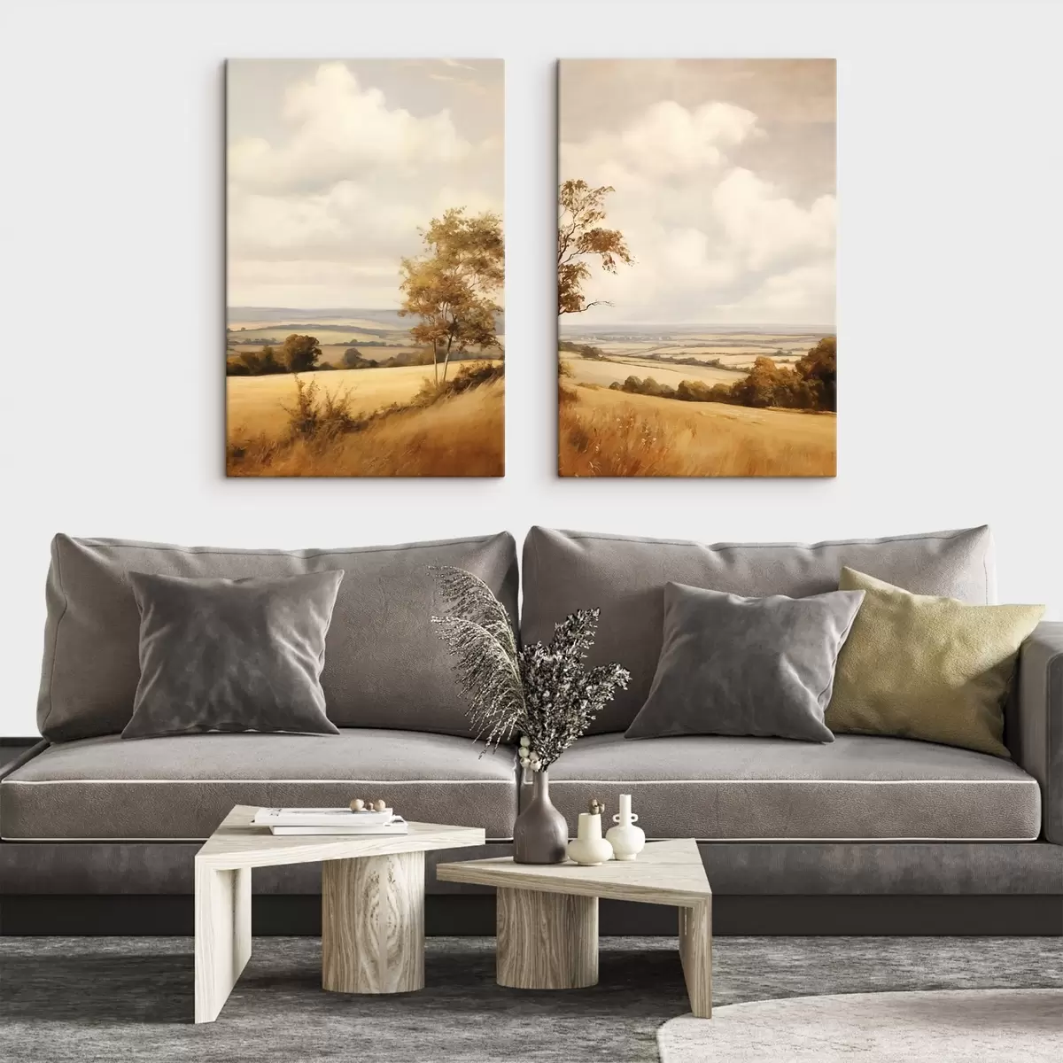 wall murals Textured landscape with rolling hills and field, autumn foliage, painting style m31049