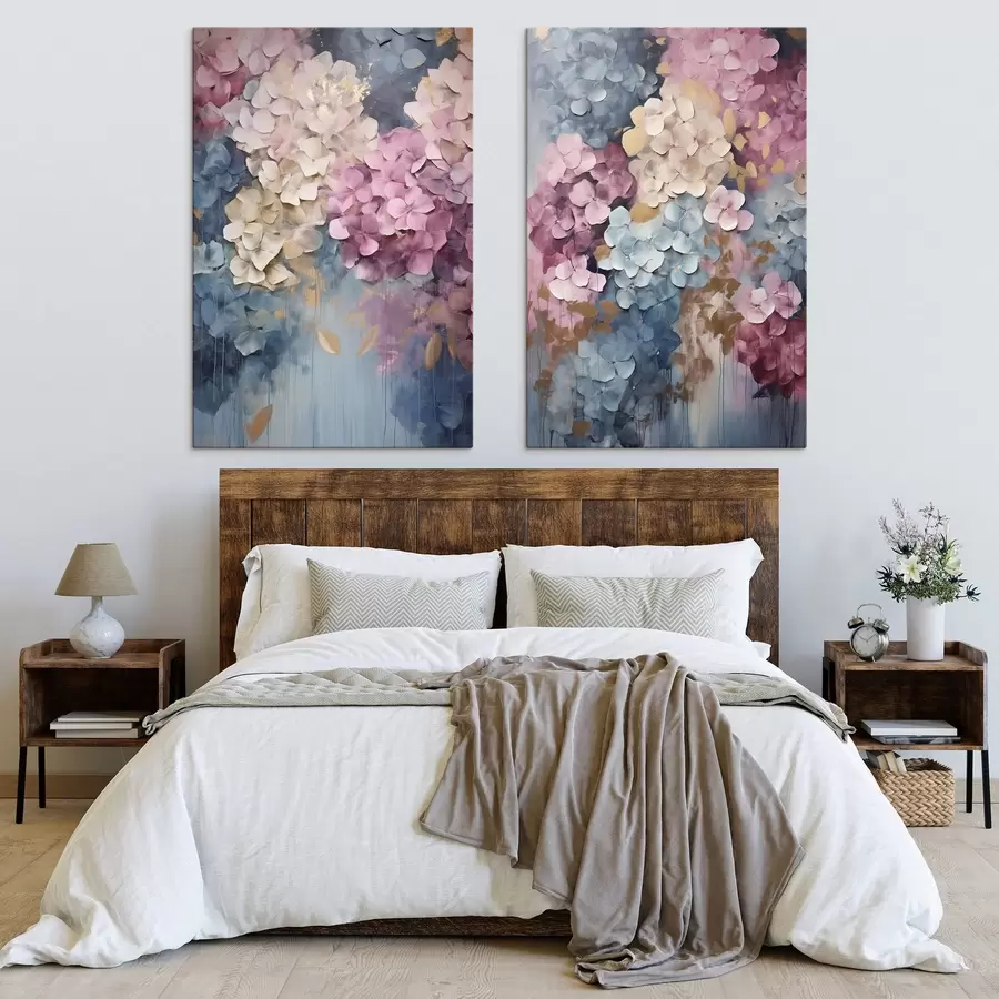murales Hortensias en tonos rosa, crema y azul, con pétalos texturizados; arte abstracto m31050