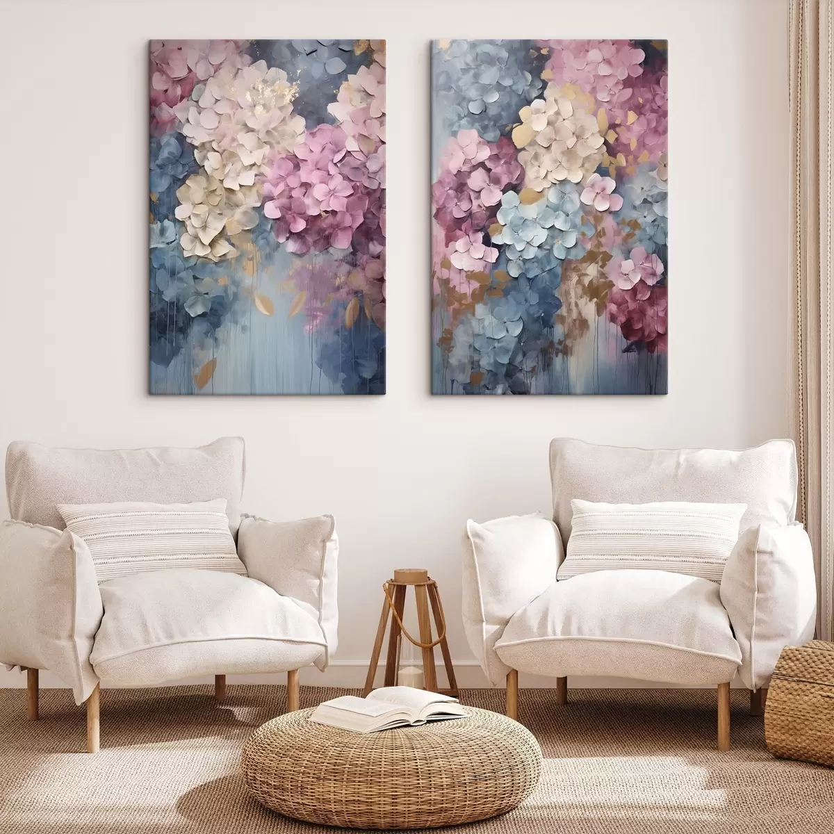 murales Hortensias en tonos rosa, crema y azul, con pétalos texturizados; arte abstracto m31050