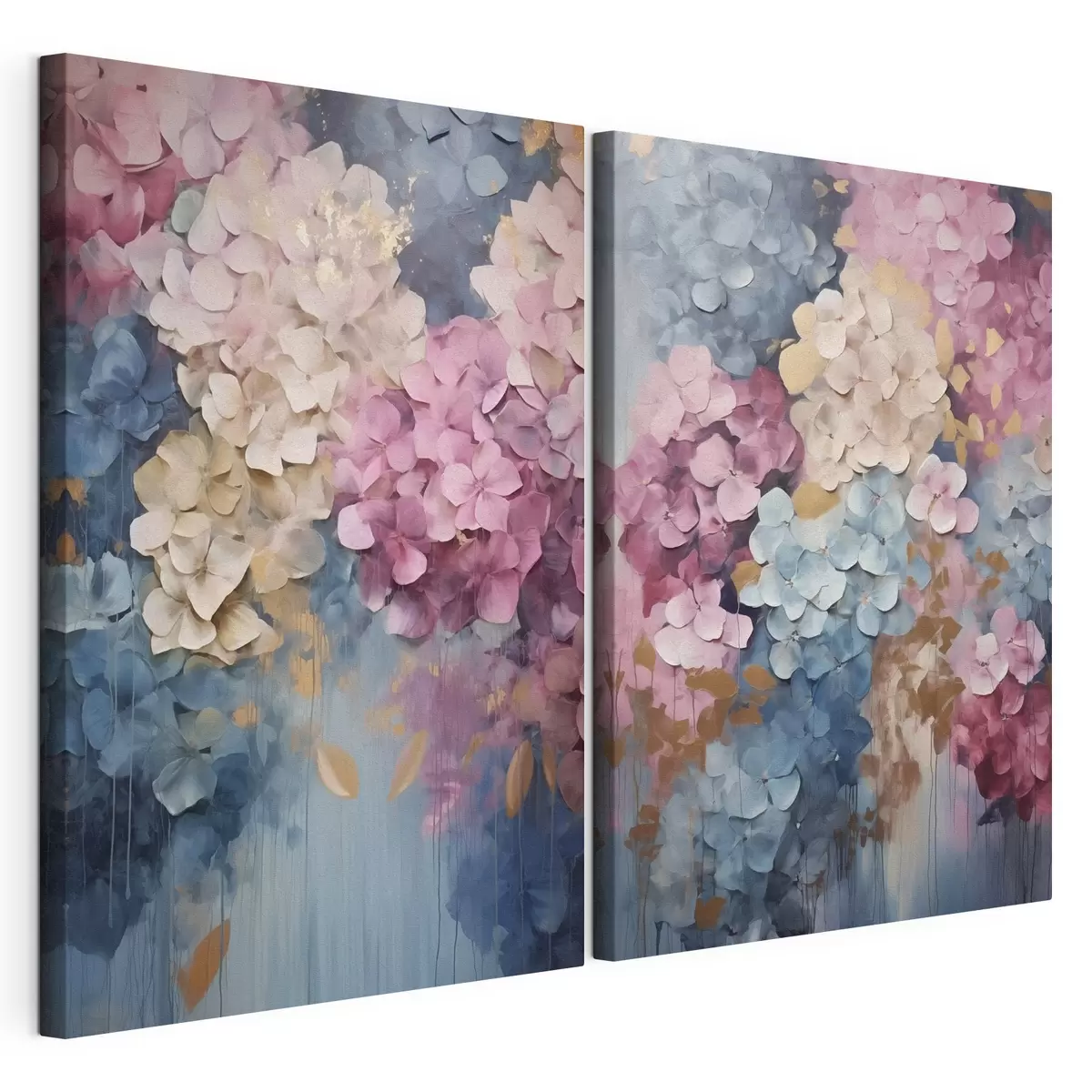 murales Hortensias en tonos rosa, crema y azul, con pétalos texturizados; arte abstracto m31050