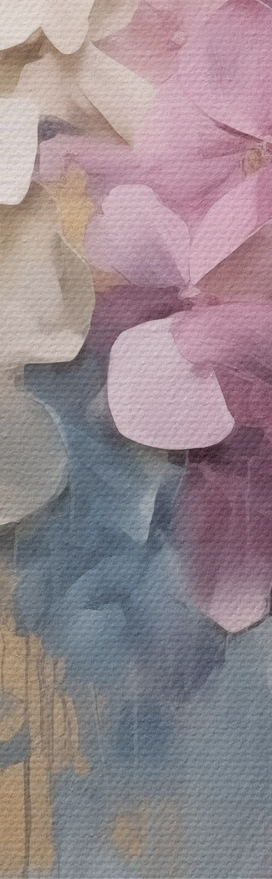 murales Hortensias en tonos rosa, crema y azul, con pétalos texturizados; arte abstracto m31050