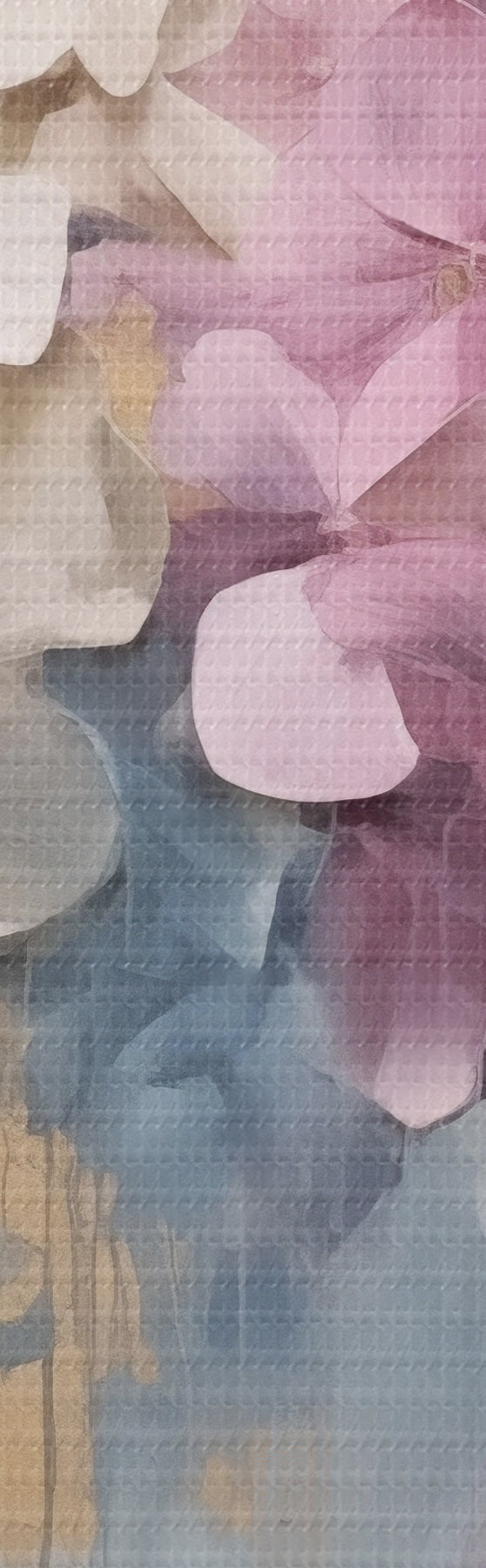 murales Hortensias en tonos rosa, crema y azul, con pétalos texturizados; arte abstracto m31050