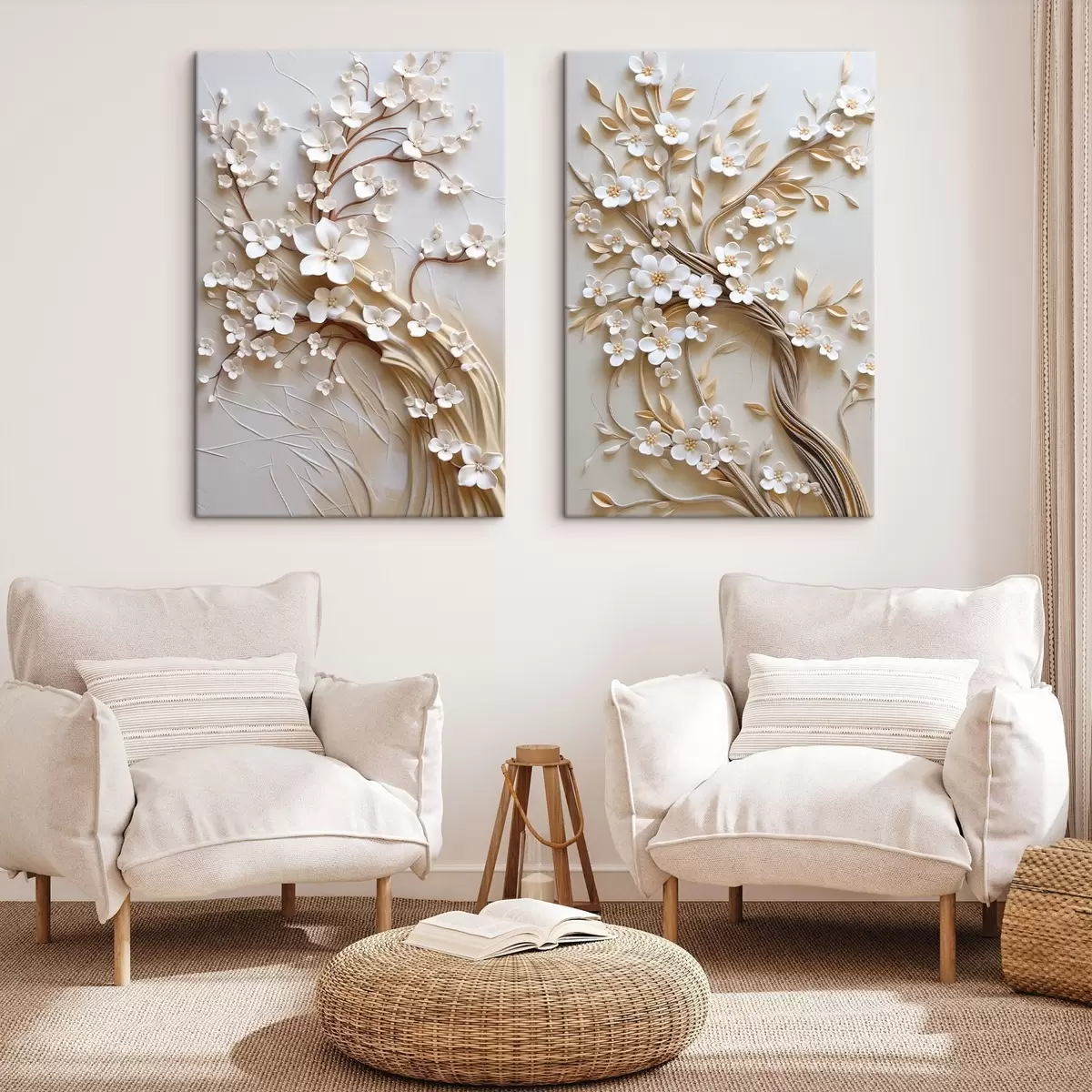 murales Árbol con flores blancas y tallos marrones, sobre un fondo beige claro con remolinos texturizados m31052