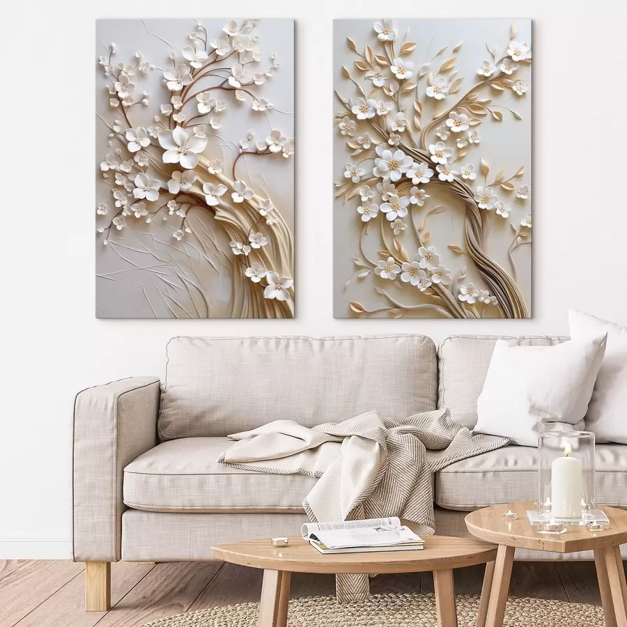 murales Árbol con flores blancas y tallos marrones, sobre un fondo beige claro con remolinos texturizados m31052