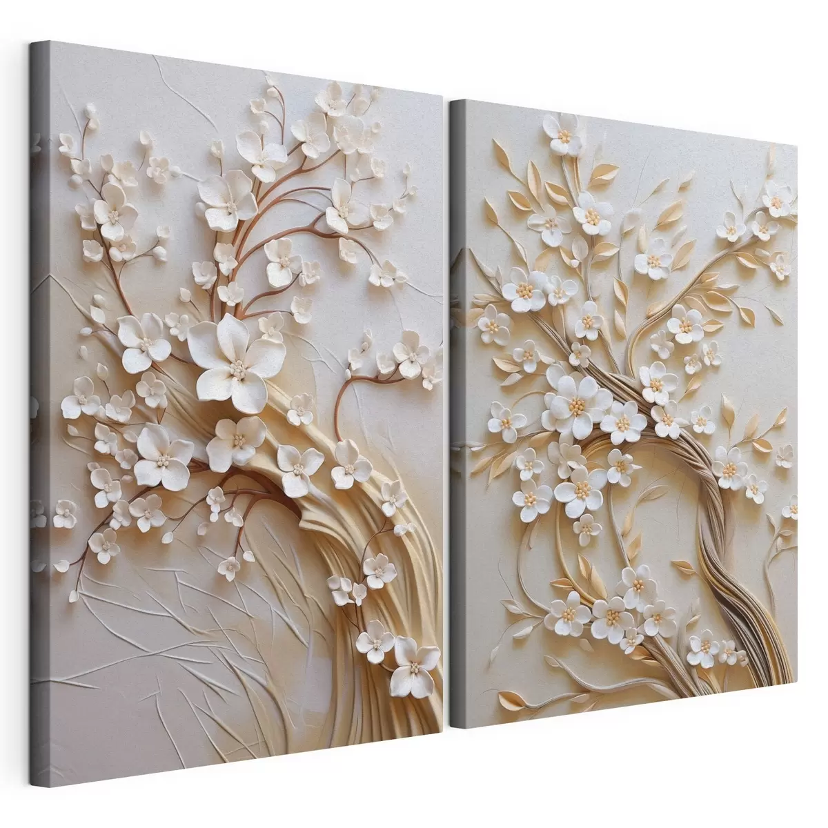 murales Árbol con flores blancas y tallos marrones, sobre un fondo beige claro con remolinos texturizados m31052