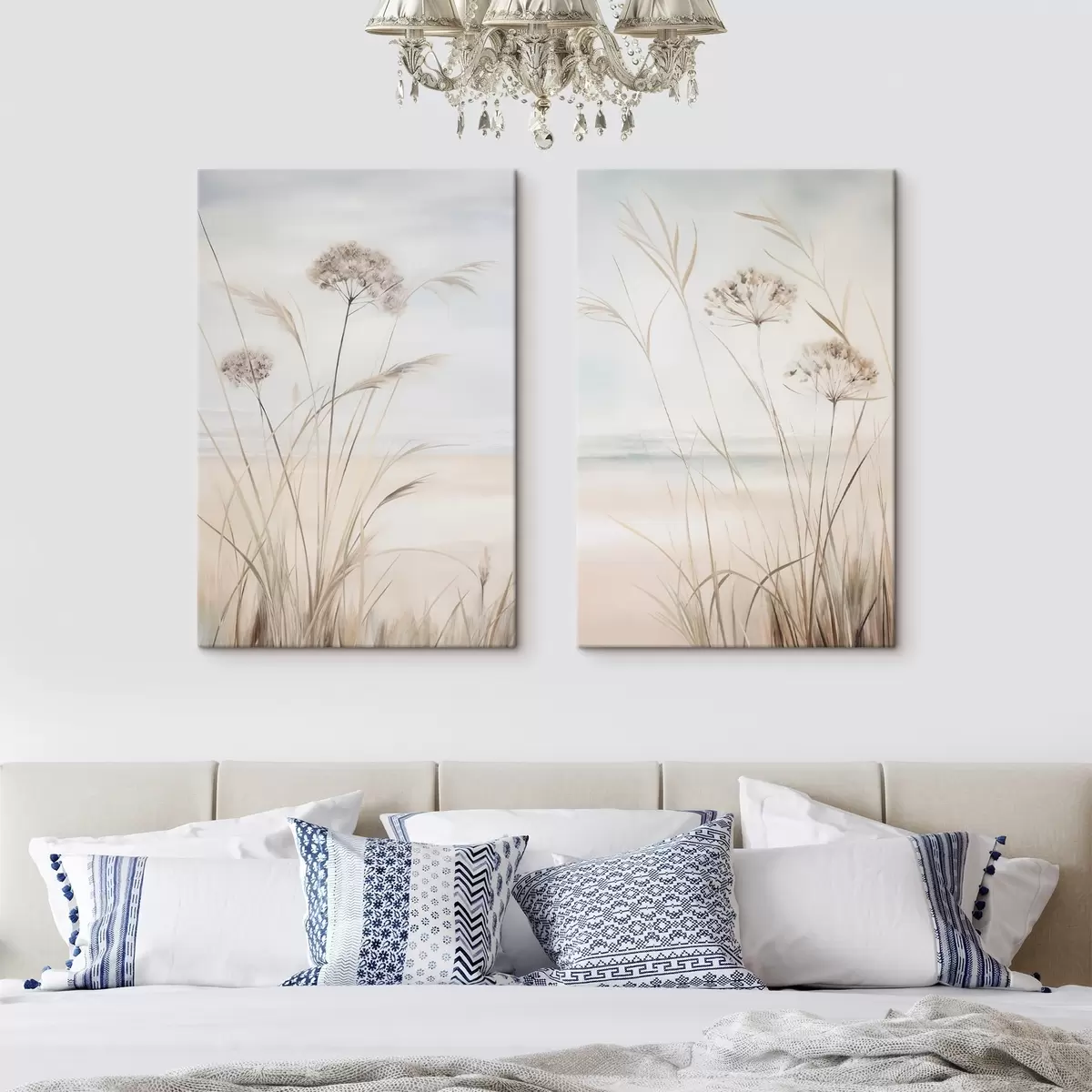 murales Hierba alta y seca y flores en tonos beige y blanco apagados, con un fondo suave y difuminado m31053