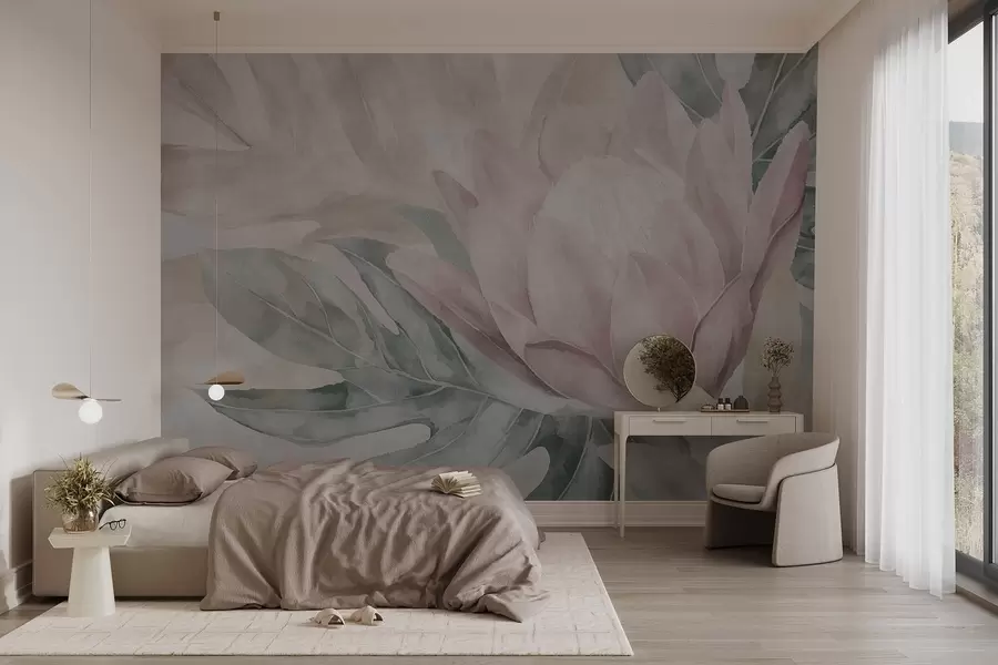 peintures murales Protéa et feuilles tropicales w09988