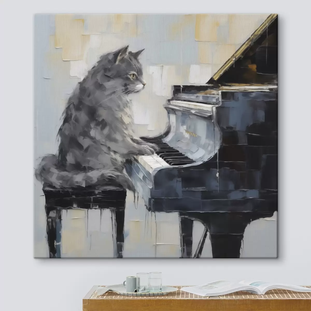 wall murals Cat playing the grand piano, imitation painting style s50989