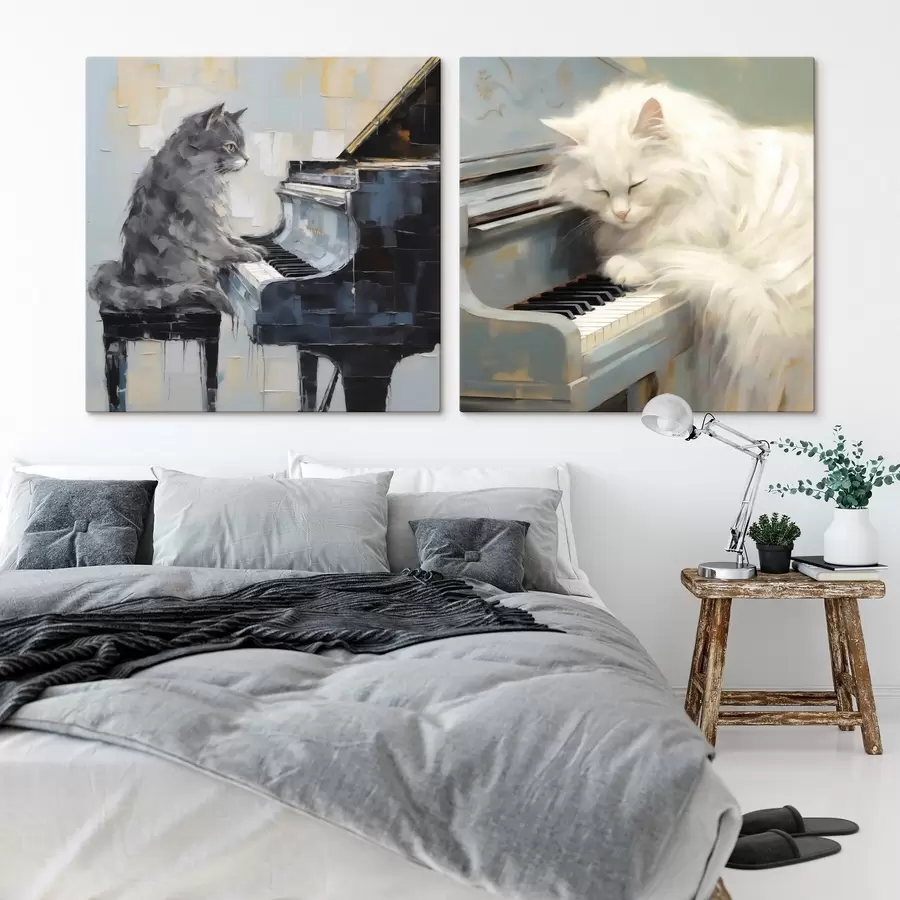 Wall Mural Photo Wallpaper Cat and piano, imitation painting m31064