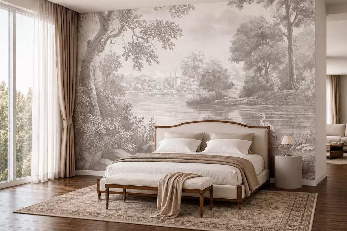 Wall Mural Photo Wallpaper Monochrome forest landscape with a lake and heron w05805