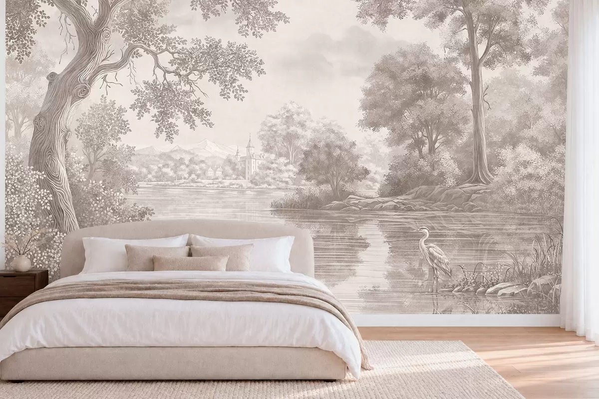 Wall Mural Photo Wallpaper Monochrome forest landscape with a lake and heron w05805