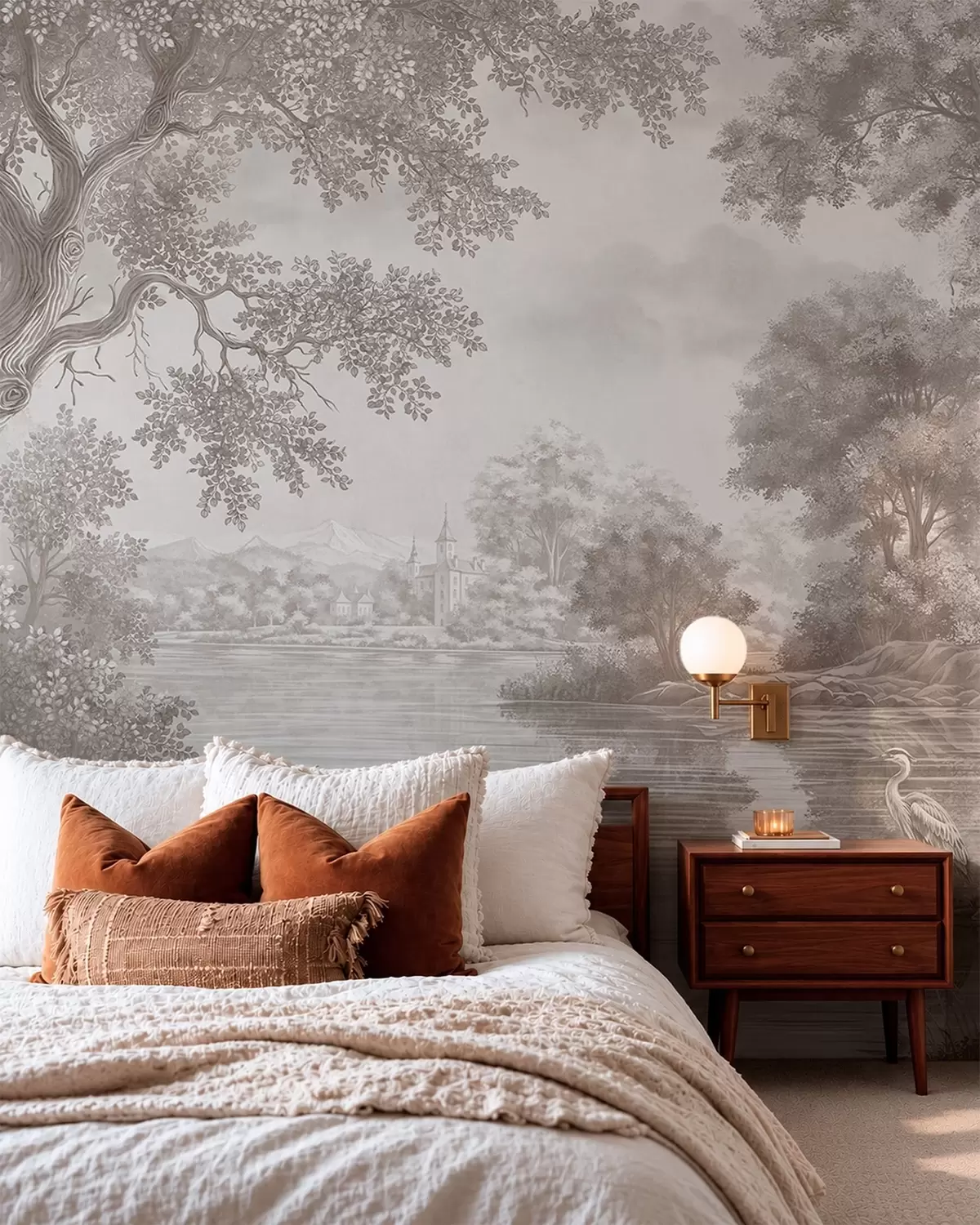 Wall Mural Photo Wallpaper Monochrome forest landscape with a lake and heron w05805