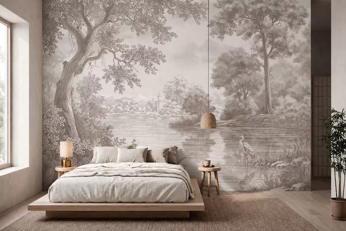 Wall Mural Photo Wallpaper Monochrome forest landscape with a lake and heron w05805