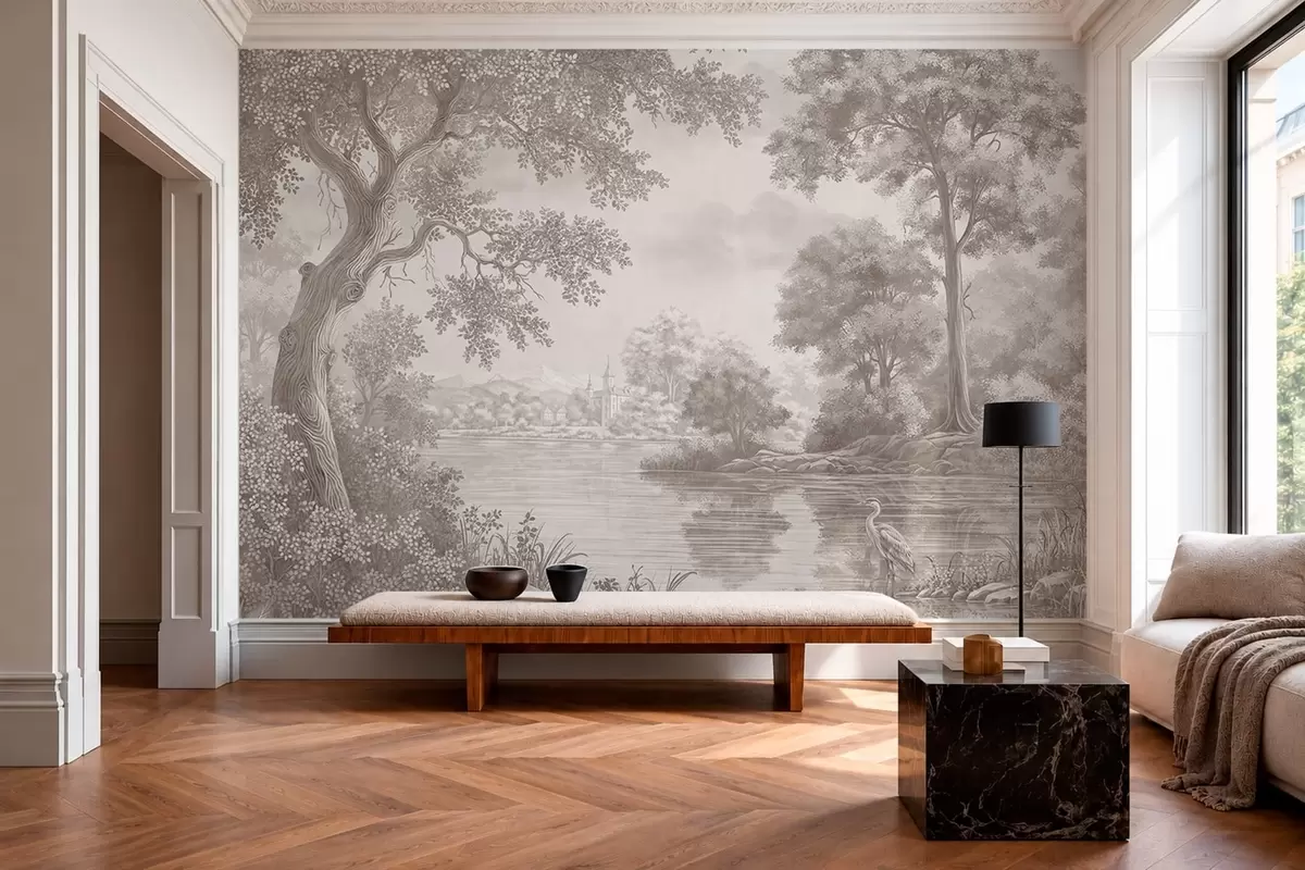Wall Mural Photo Wallpaper Monochrome forest landscape with a lake and heron w05805