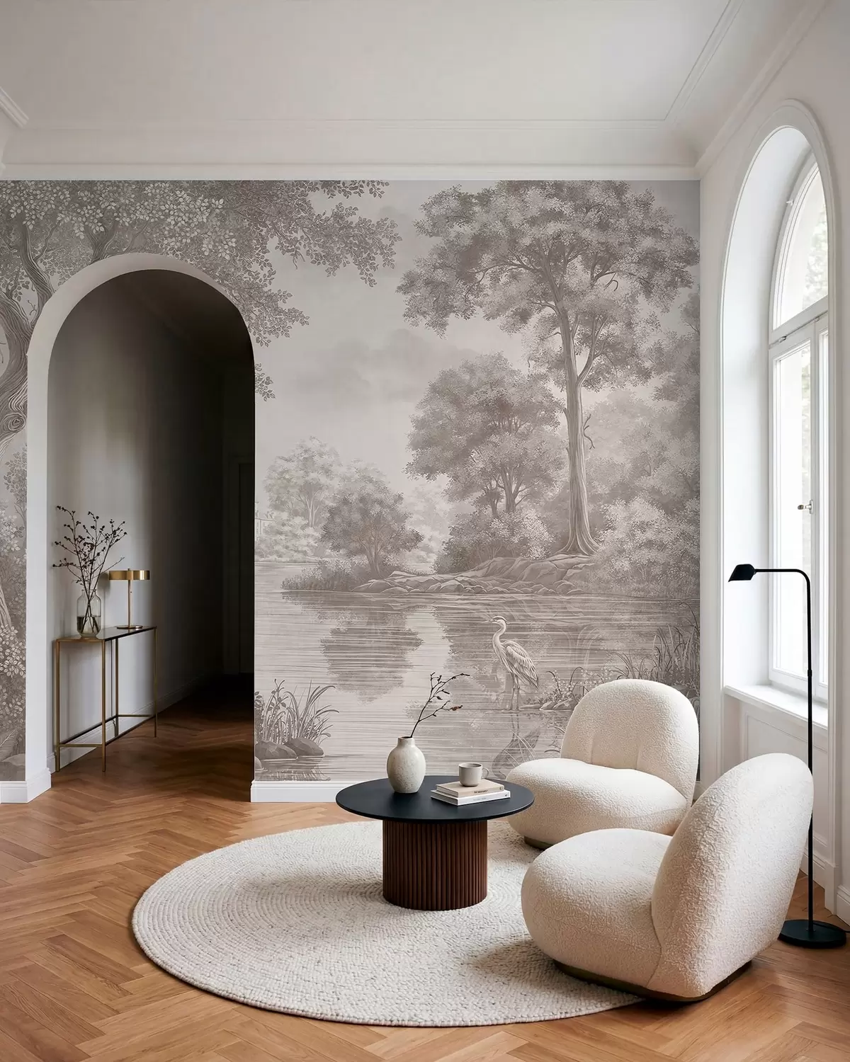 Wall Mural Photo Wallpaper Monochrome forest landscape with a lake and heron w05805