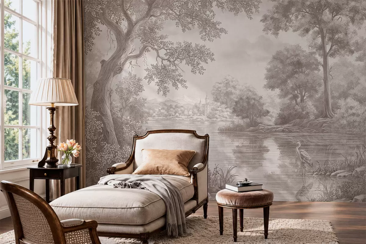 Wall Mural Photo Wallpaper Monochrome forest landscape with a lake and heron w05805