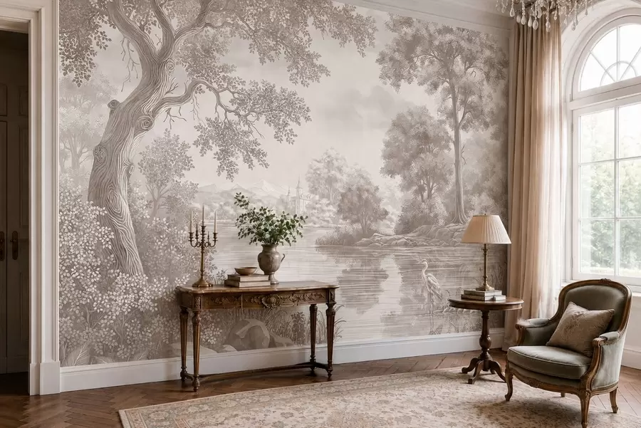 peintures murales Paysage forestier en noir et blanc avec un lac et un héron w05805