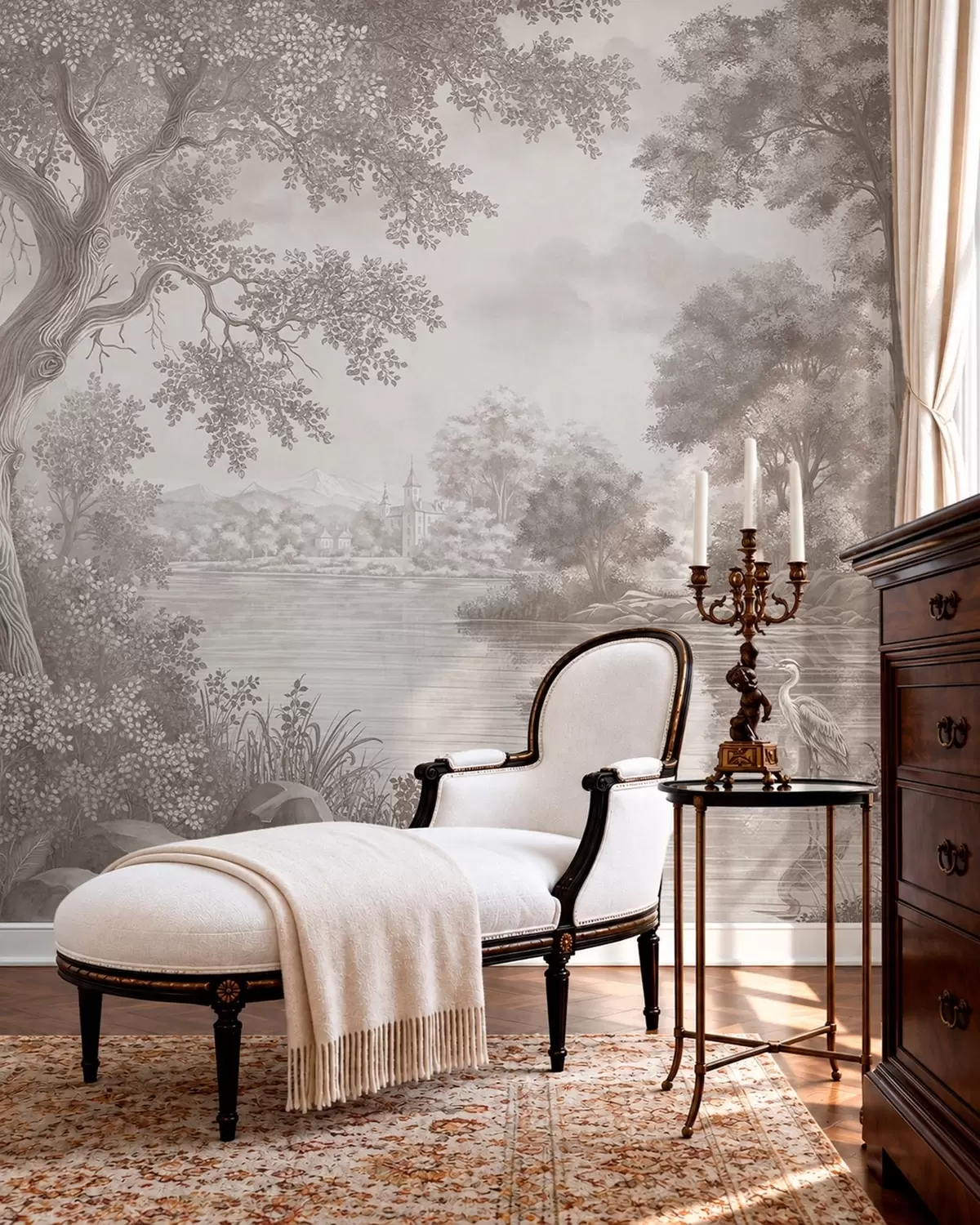 Wall Mural Photo Wallpaper Monochrome forest landscape with a lake and heron w05805