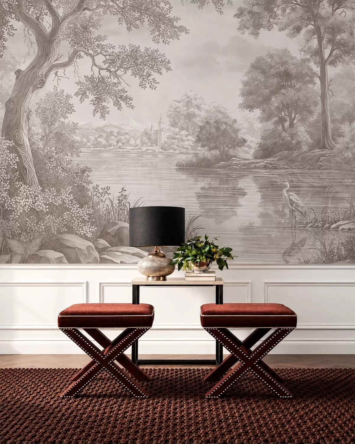 Wall Mural Photo Wallpaper Monochrome forest landscape with a lake and heron w05805