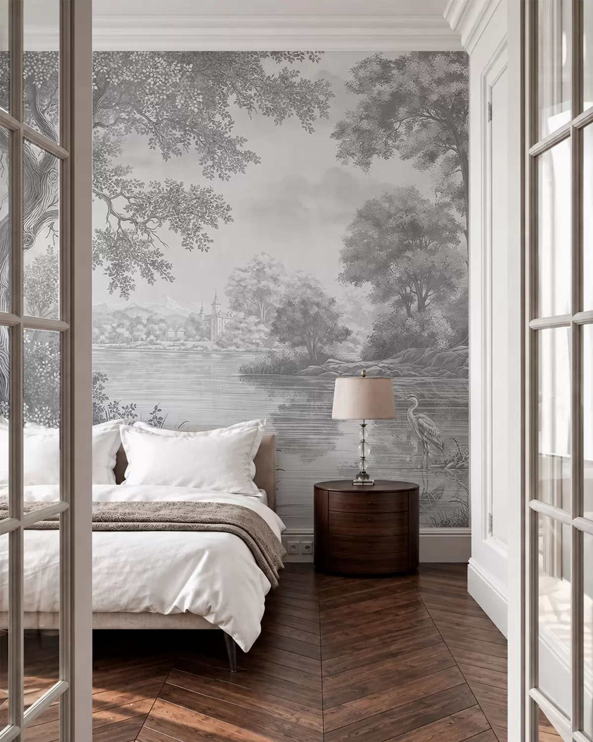 peintures murales Paysage forestier gris avec un héron au bord du lac w05805v1