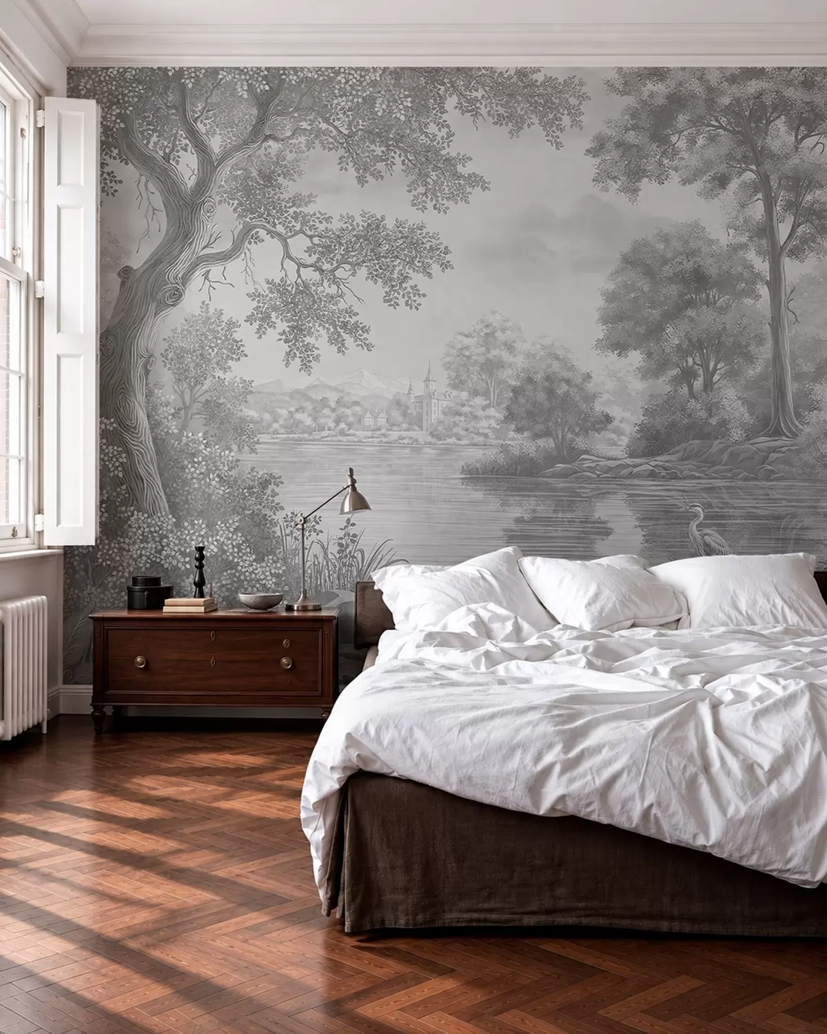 peintures murales Paysage forestier gris avec un héron au bord du lac w05805v1