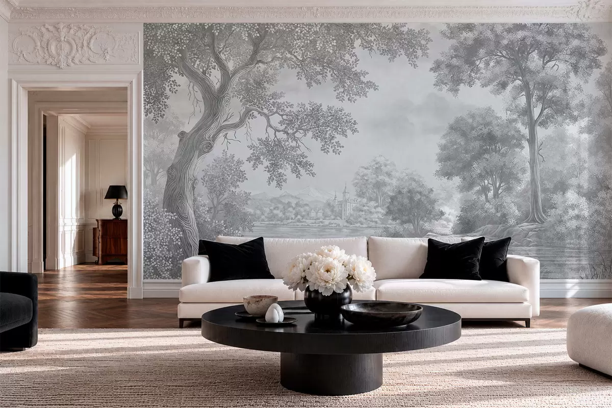 peintures murales Paysage forestier gris avec un héron au bord du lac w05805v1