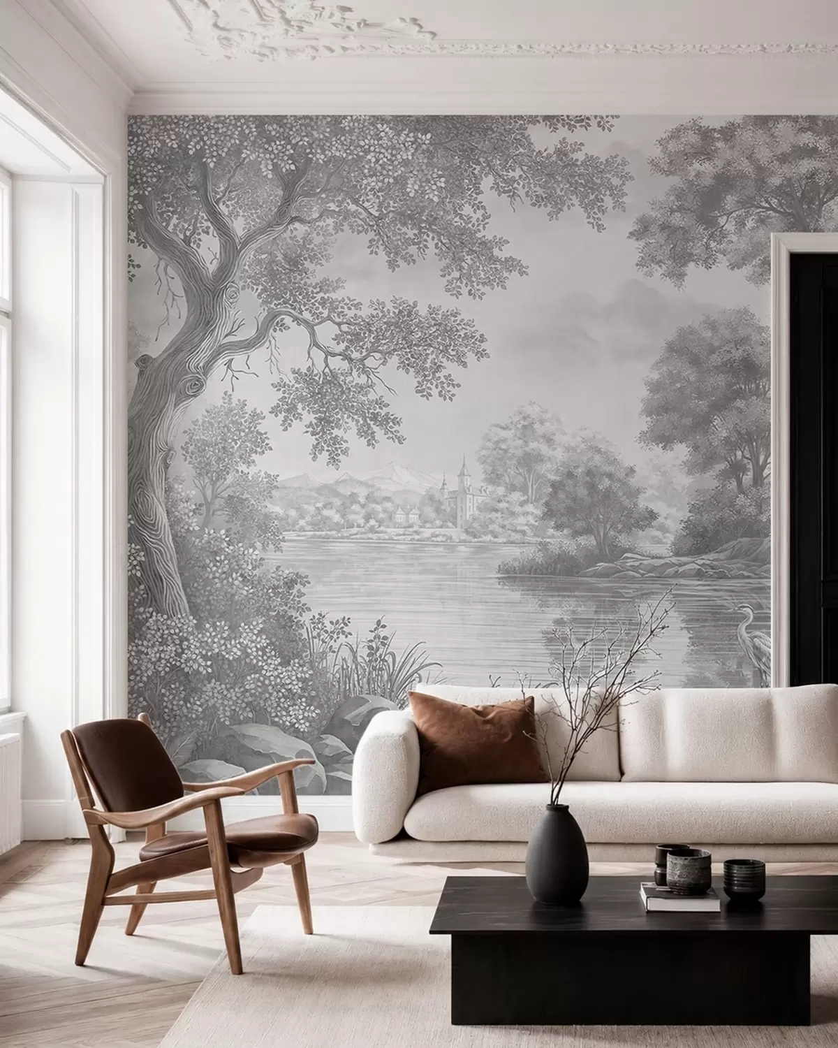 peintures murales Paysage forestier gris avec un héron au bord du lac w05805v1
