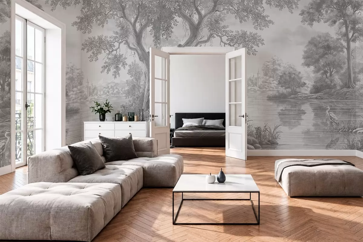 peintures murales Paysage forestier gris avec un héron au bord du lac w05805v1
