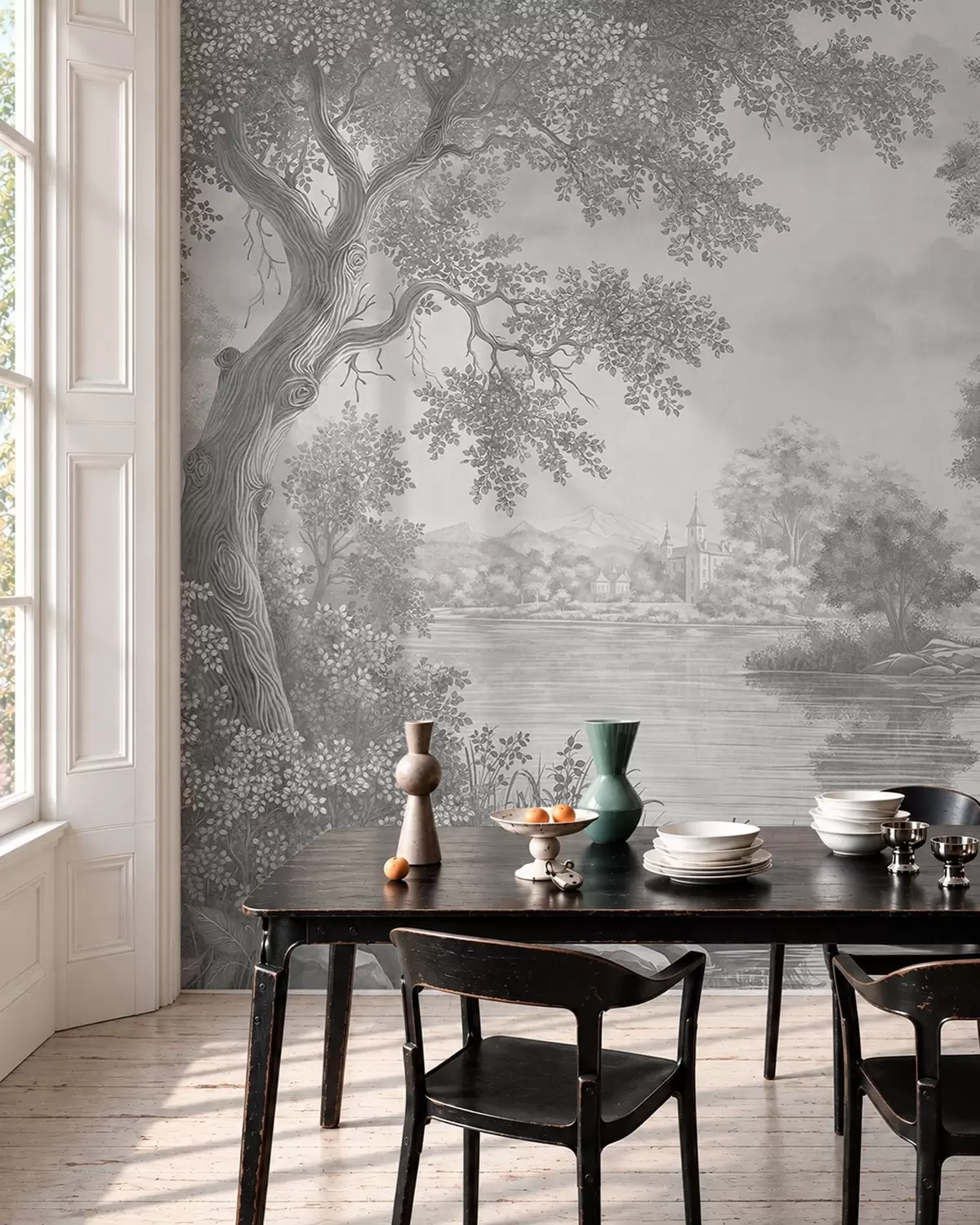 peintures murales Paysage forestier gris avec un héron au bord du lac w05805v1