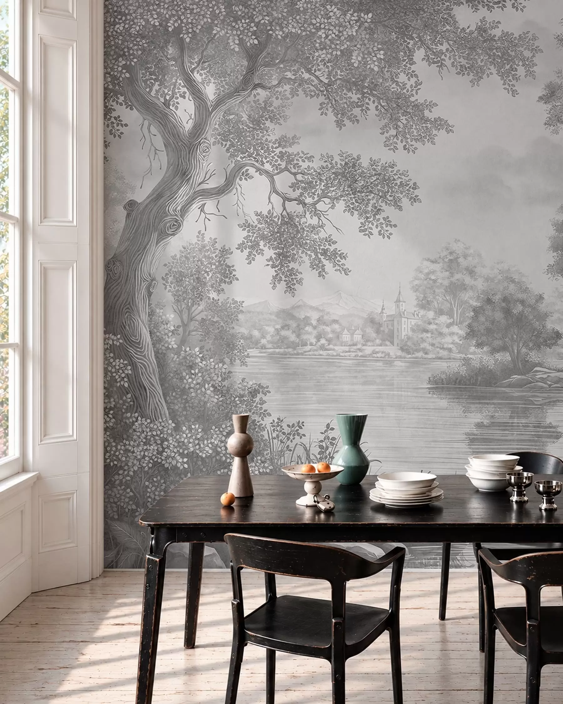 wall murals Gray forest scenery with a heron by the lake w05805v1