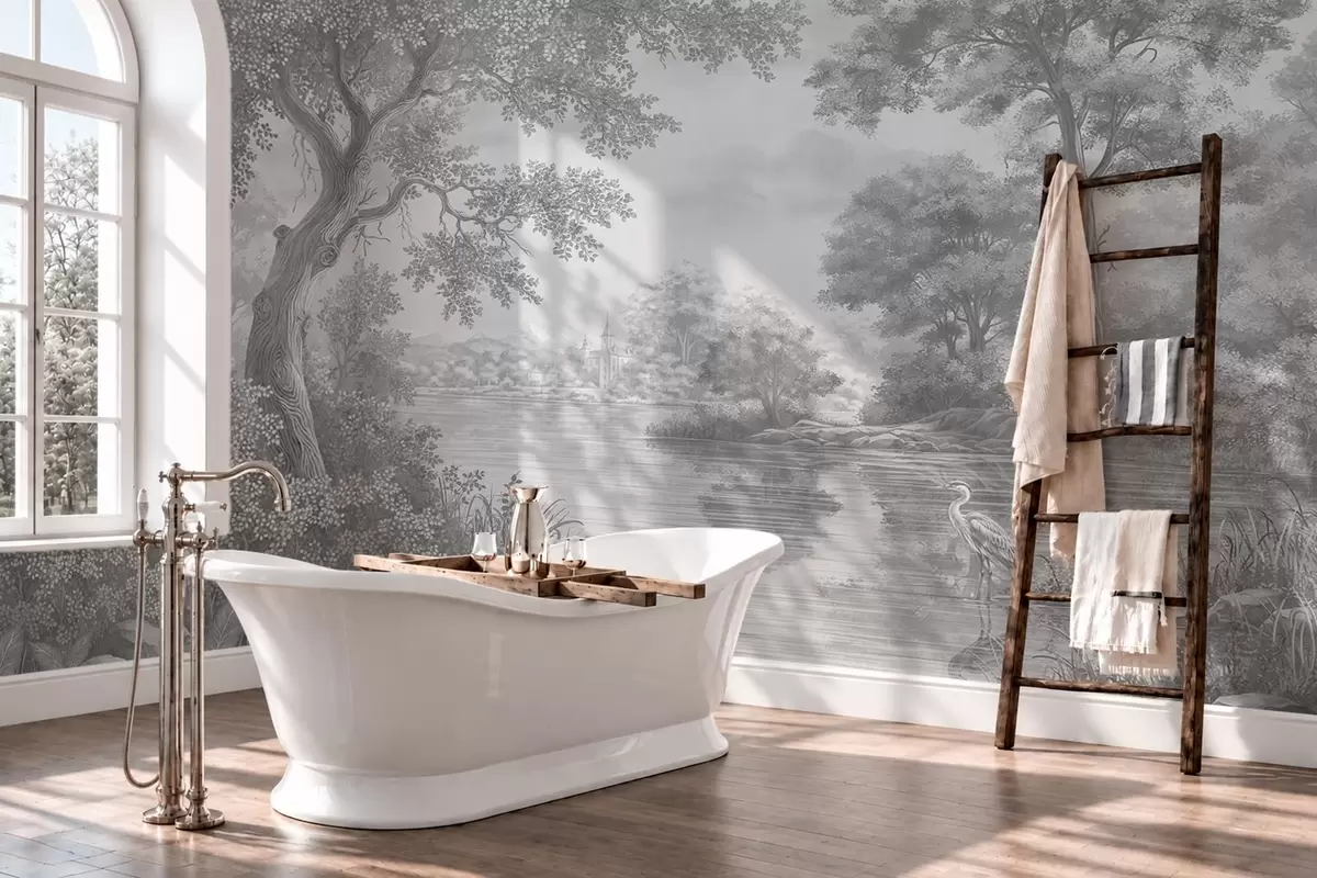 peintures murales Paysage forestier gris avec un héron au bord du lac w05805v1