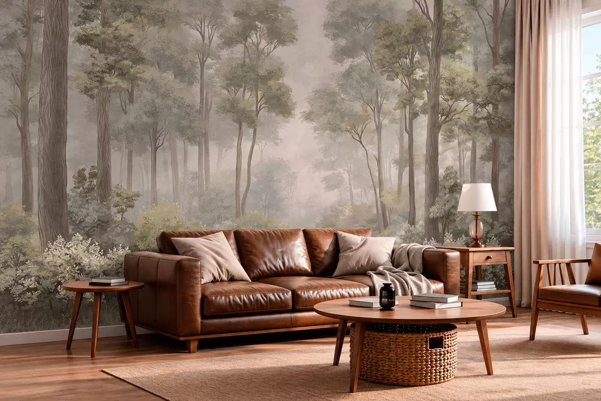 peintures murales Une forêt brumeuse avec un sentier serpentant entre les arbres et les buissons w05889v2