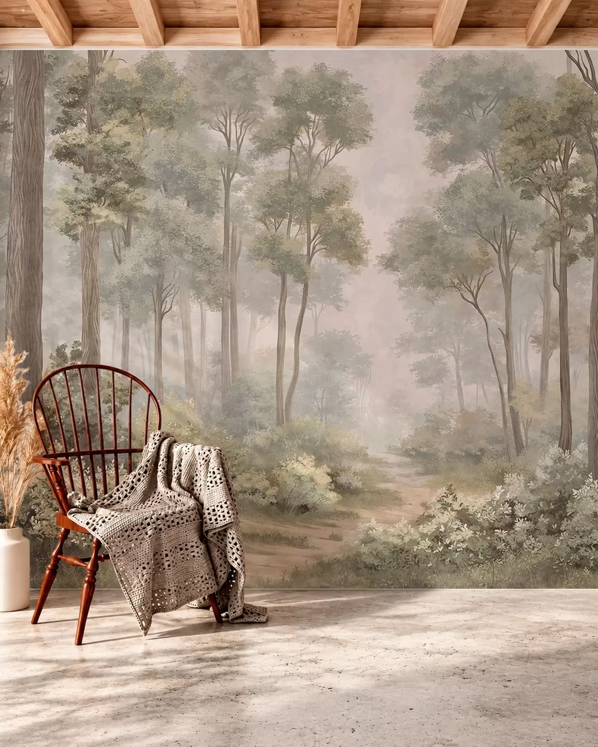 peintures murales Une forêt brumeuse avec un sentier serpentant entre les arbres et les buissons w05889v2