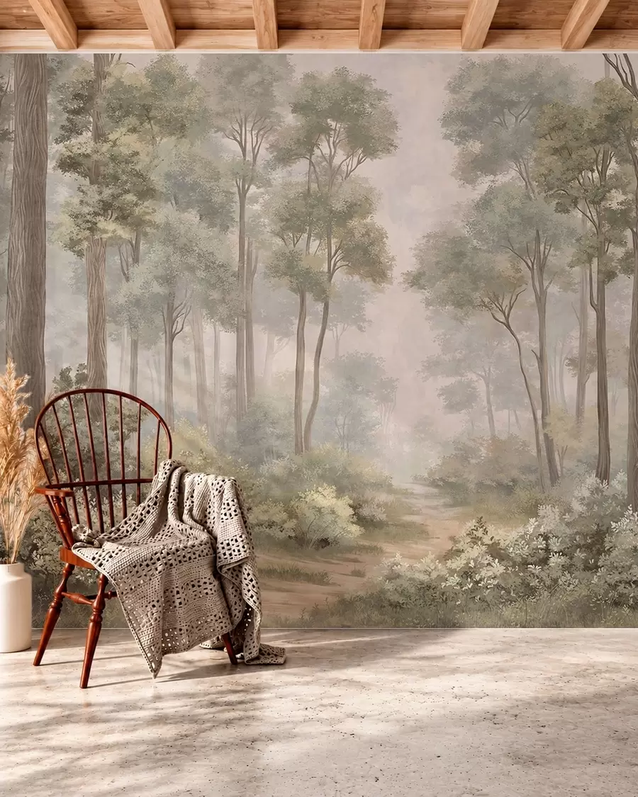 peintures murales Une forêt brumeuse avec un sentier serpentant entre les arbres et les buissons w05889v2