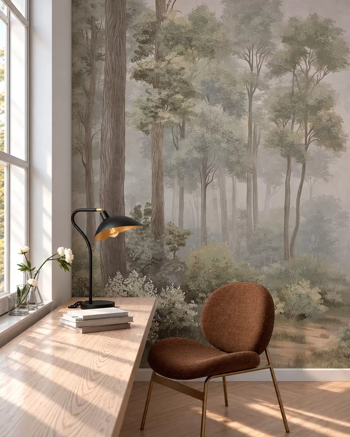 peintures murales Une forêt brumeuse avec un sentier serpentant entre les arbres et les buissons w05889v2