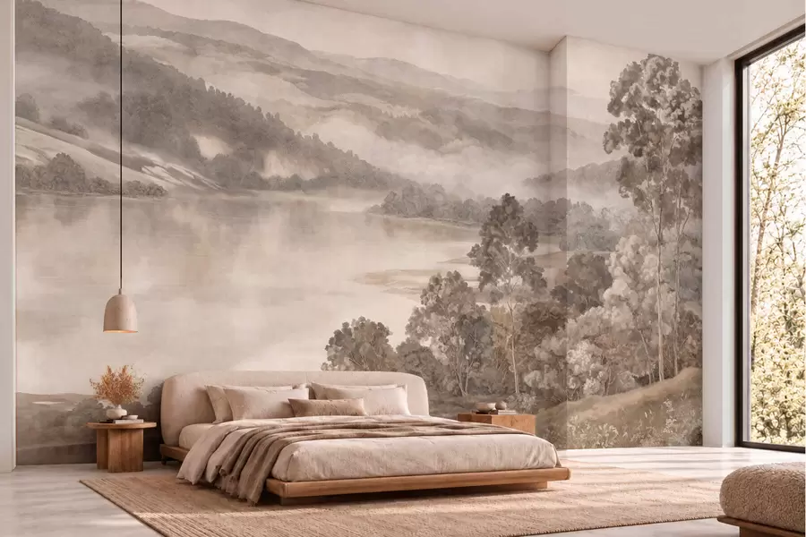 peintures murales Un lac paisible au milieu de collines et de forêts brumeuses w05928