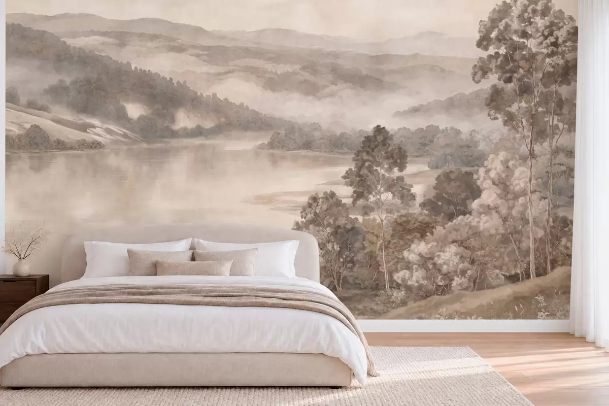 Wall Mural Photo Wallpaper Calm lake among misty hills and forests w05928